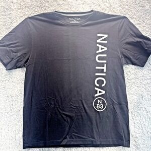 Nautica N83 Logo T Shirt Mens XL Black Vertical Graphic Cotton Tee Casual